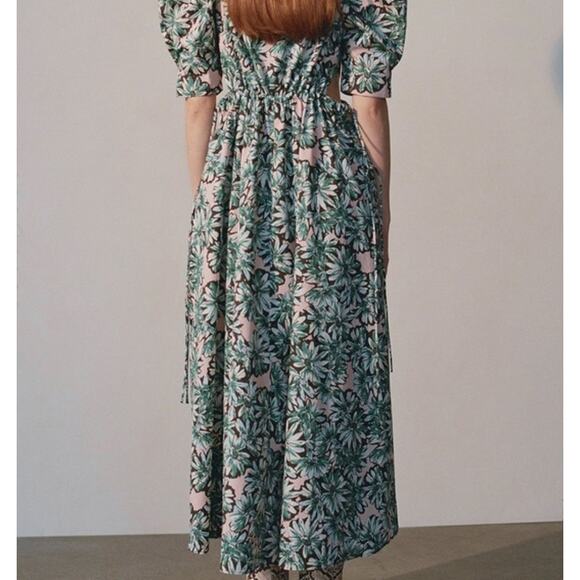 Zara Floral Side Cut-Out Poplin Puff Sleeve Midi Dress Green Pink Size Medium - Picture 4 of 14